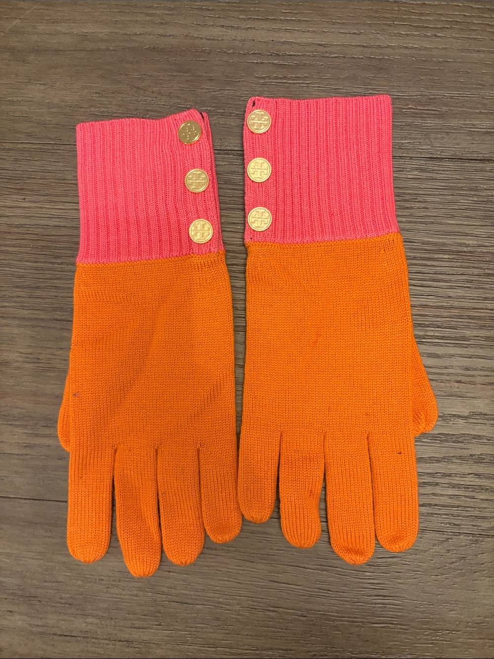 Tory Burch Pink and Orange Knit Button Gloves